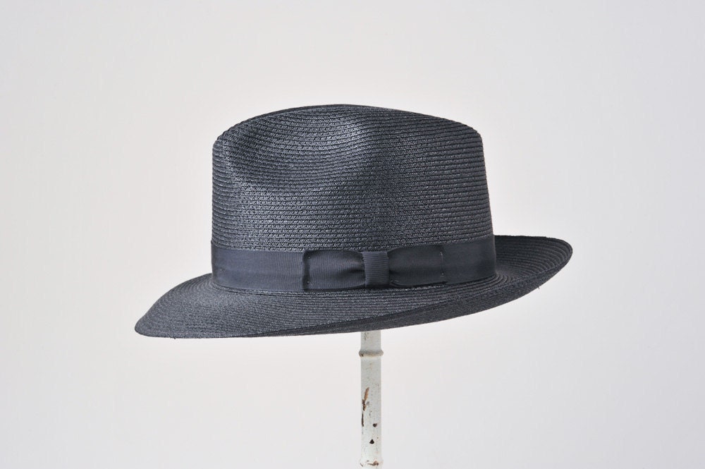 1960's Black Straw Men's Fedora Men's - Italian Straw Hat - Rat Pack Fashion - missfarfalla