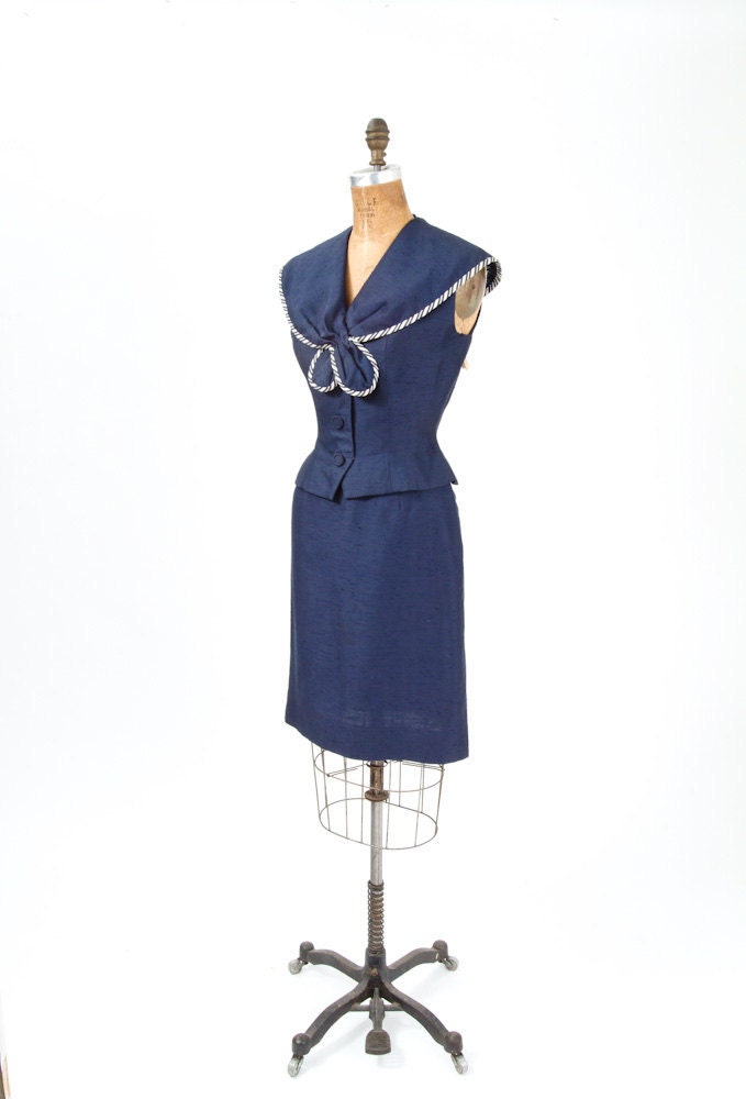 1950's Navy Blue Silk Wiggle Suit - H. B. Burnett, New York