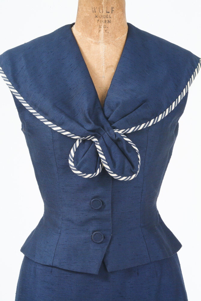 1950's Navy Blue Silk Wiggle Suit - H. B. Burnett, New York