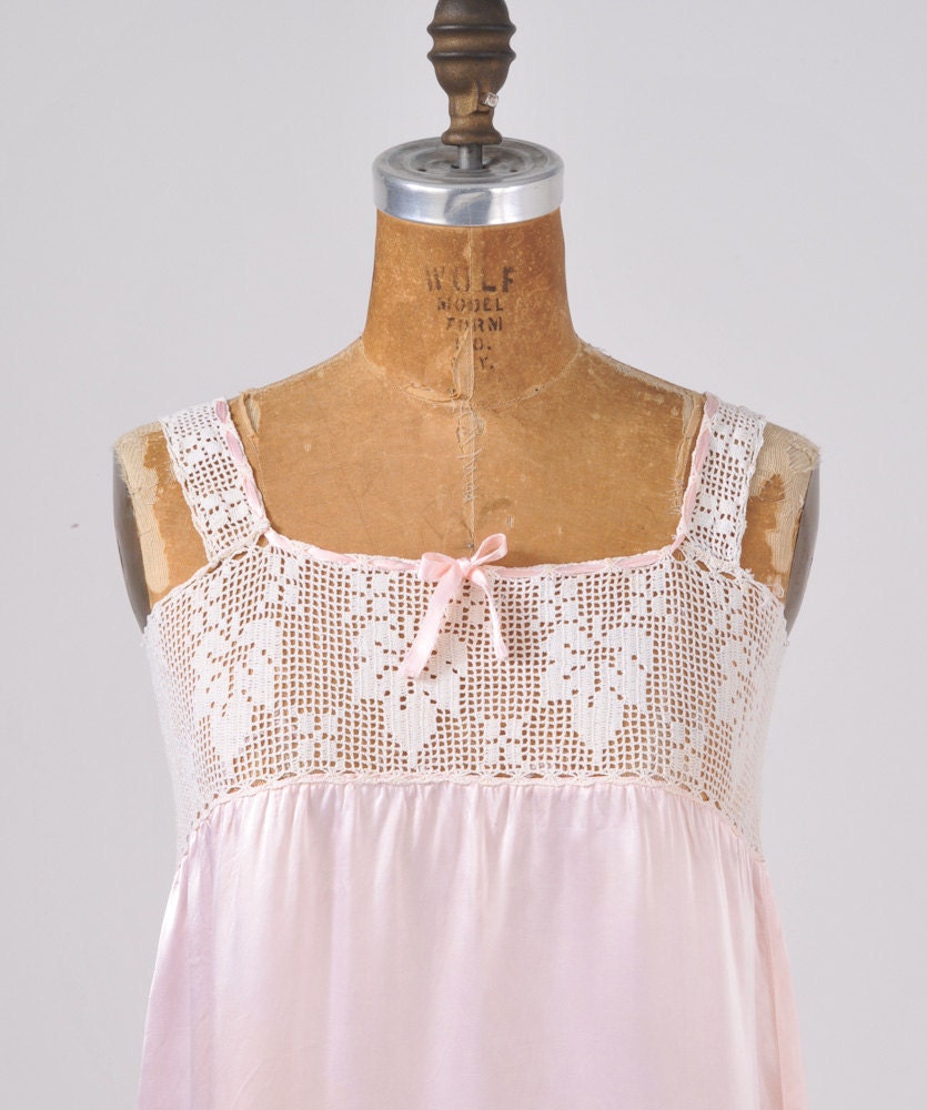 1920's Petal Pink Nightgown - Antique Lingerie with Crochet Bodice with Ribbon