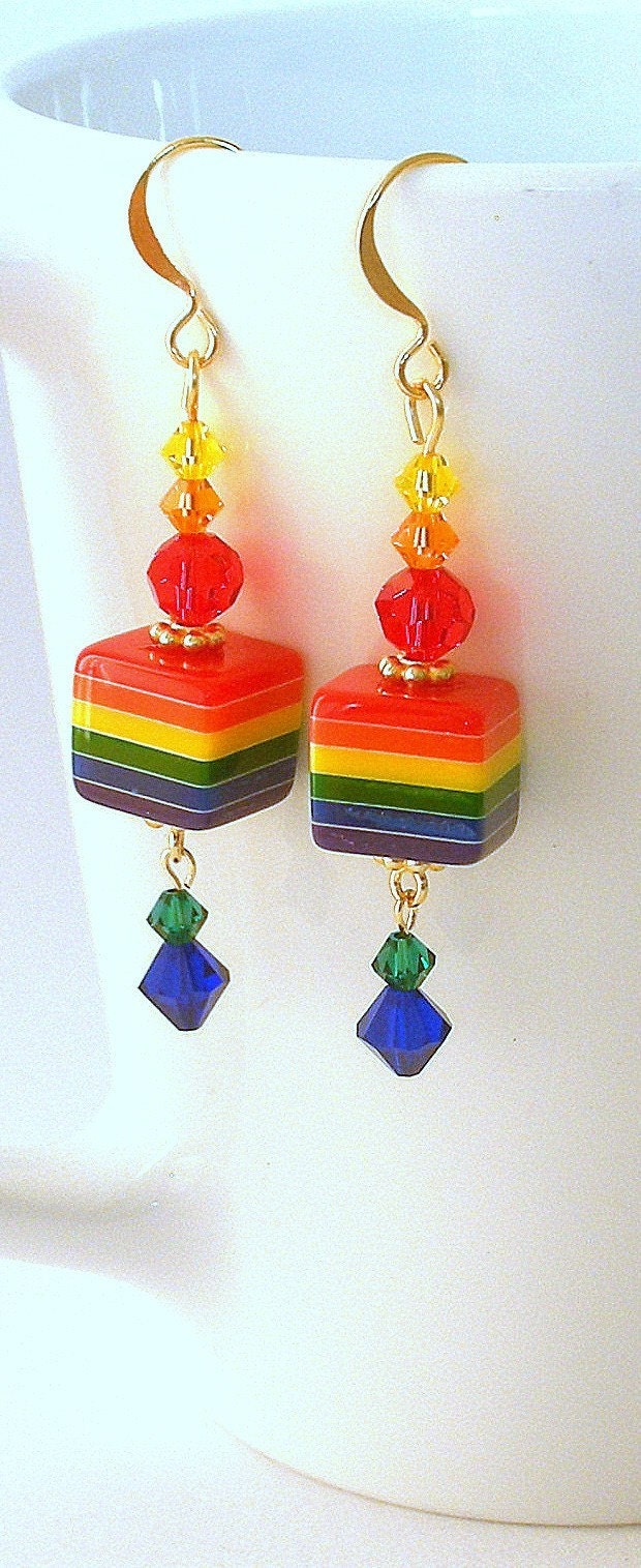 Rainbow striped earrings, resin and crystal, cubes