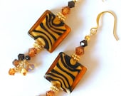 Tiger eye earrings, striped topaz and brown, lampwork glass and crystal