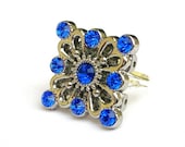 Sapphire blue ring, crystal, adjustable statement ring