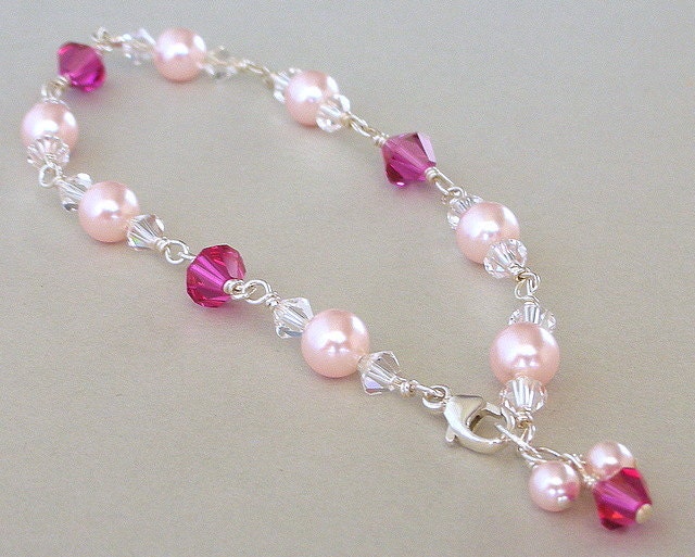 Pink pearl crystal bracelet, Swarovski fuchsia crystals and rosaline pearls, bridal elegance