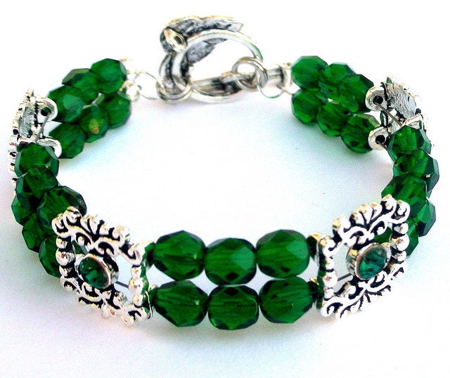 Emerald green bracelet, Czech glass and crystal spacers, double strand - Mindielee