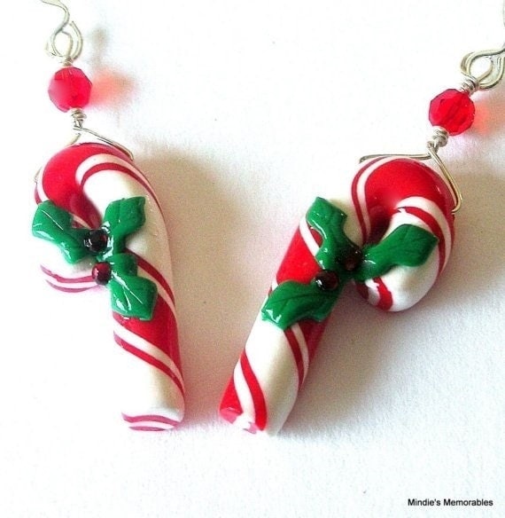Red candy cane earrings Christmas polymer clay by Mindielee