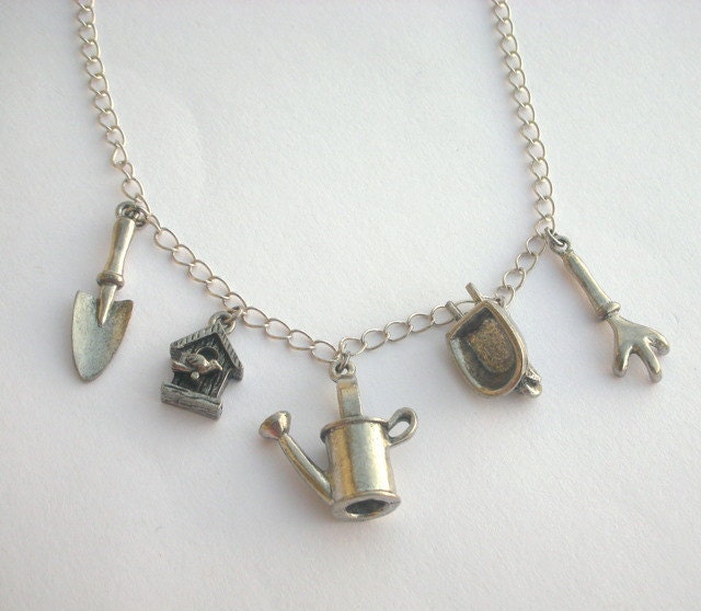 Gardening charm necklace, antiqued silver pewter, watering can, wheelbarrow, birdhouse, trowel, cultivator