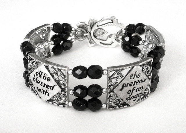 Inspirational words bracelet, antiqued silver and black Czech glass