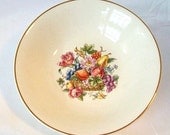 Small China Bowl Vintage Bakerite 22K Gold  6 Inch Flower and Fruit Basket Bouquet Image Rim