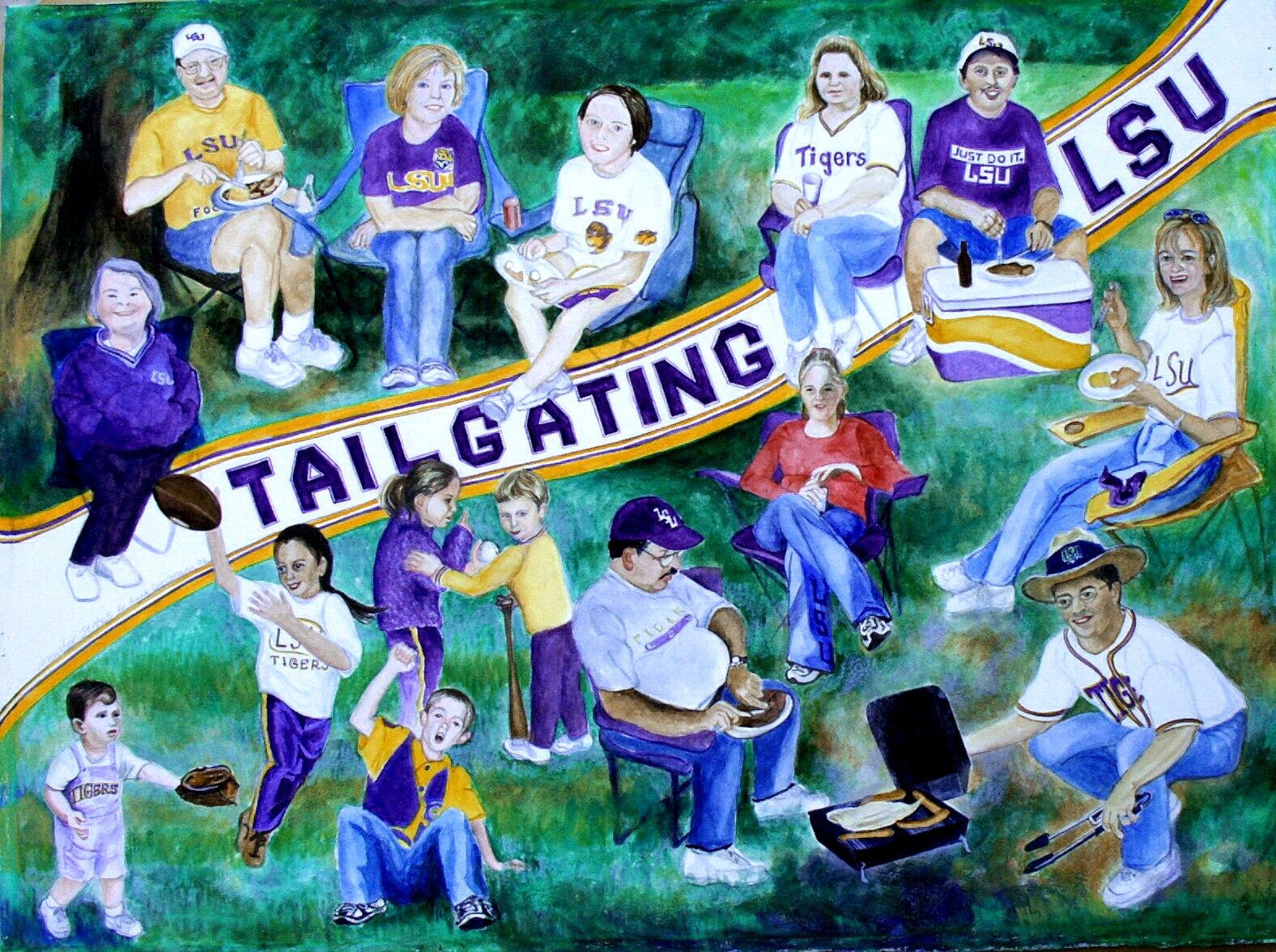Custom Watercolor Painting Family Group LSU Football Tailgating Sample by Jennifer Stites