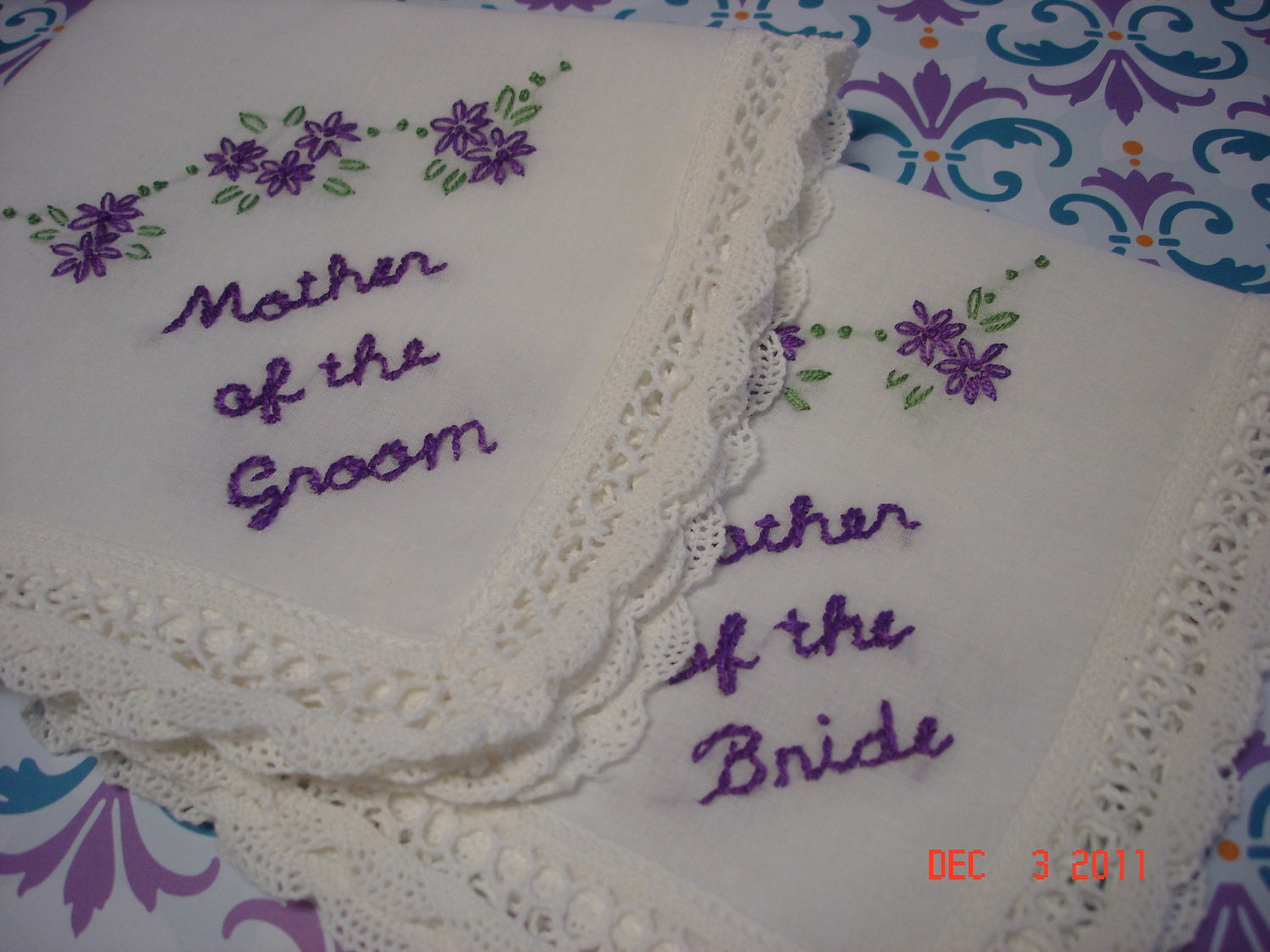 Mother of bride/mother of groom wedding handkerchiefs/hand embroidered/dated/purple/ weddinng colors welcome