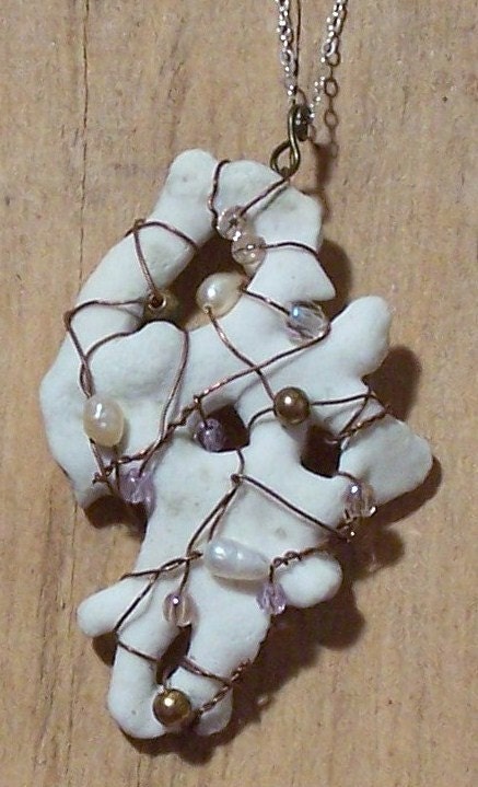 Pearl & Wire-Wrapped White Coral Pendant/Necklace