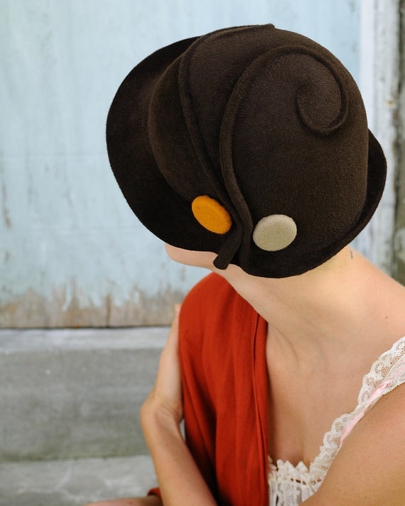 brown cloche with vintage gold button-made to order