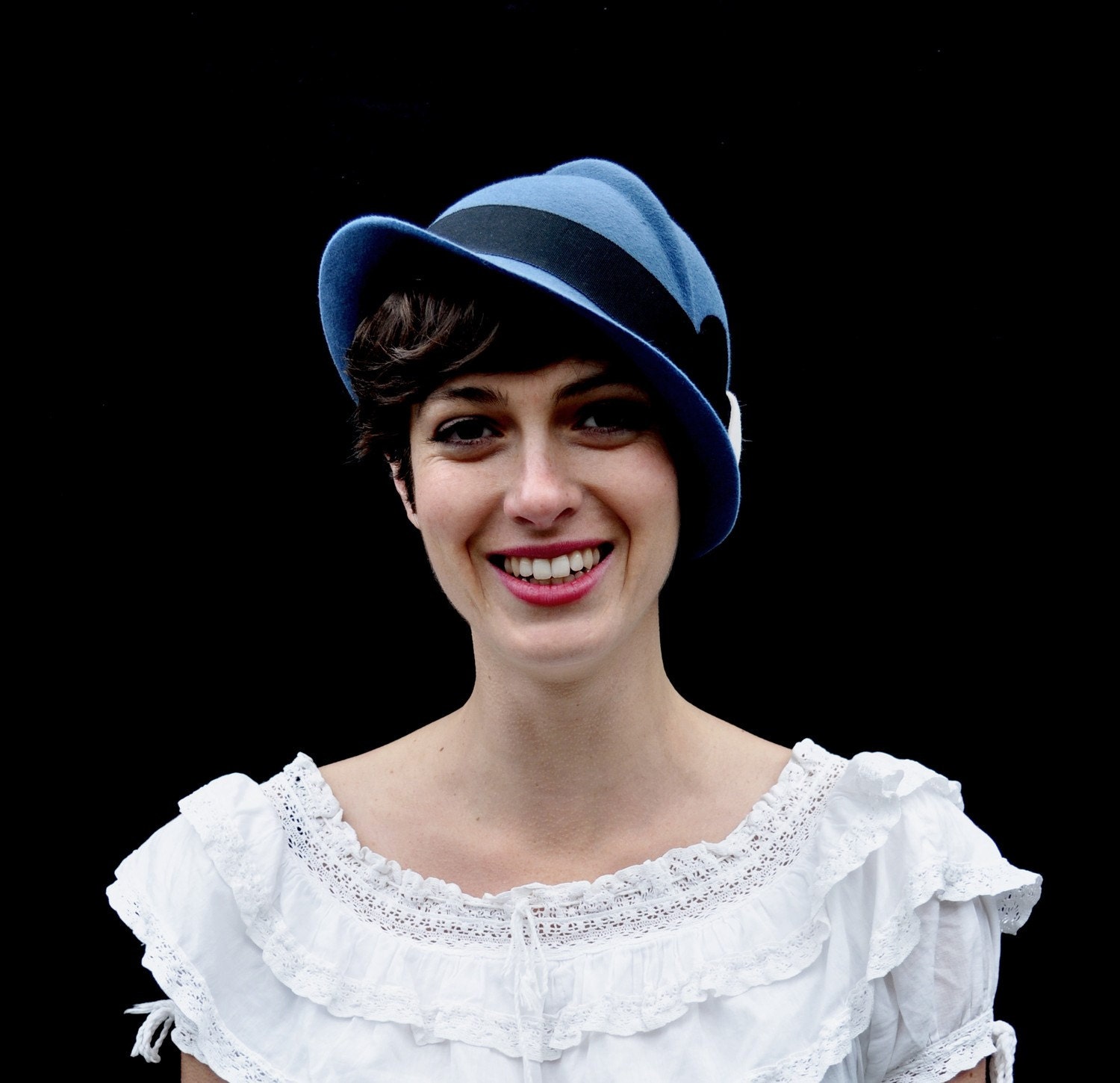 blue hat with black bow-made to order
