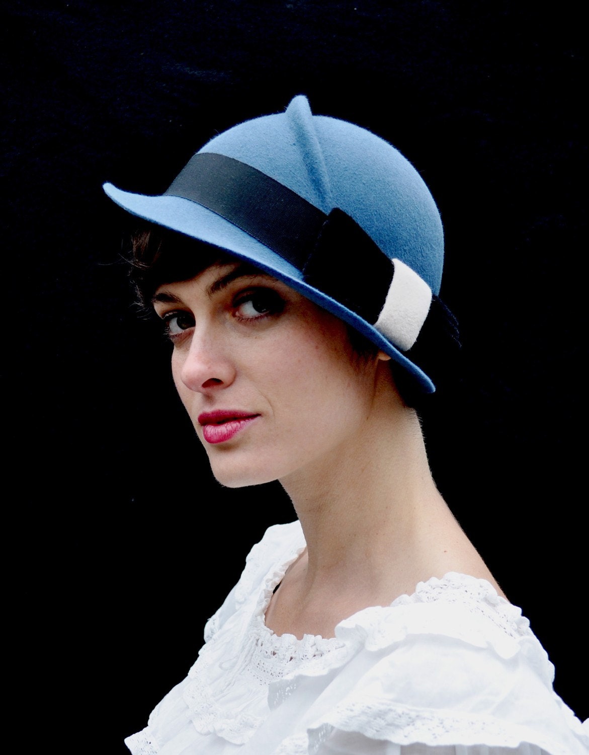 blue hat with black bow-made to order