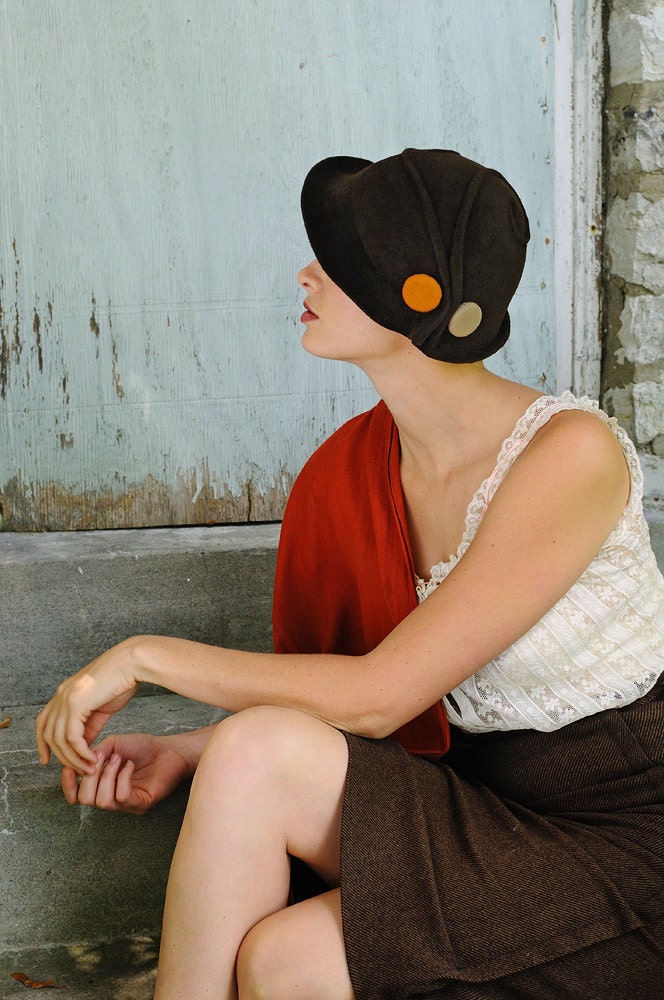 brown cloche with vintage gold button-made to order