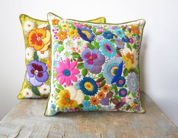 sale vintage crewel embroidery pillow / bright by RustBeltThreads
