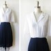 1970s nautical dress / 70s white and navy pleated accordion dress