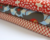 Fabric Trio Amy Butler's Morning Glory Linen Cherry Wallflower and Cherry Full Moon Dots