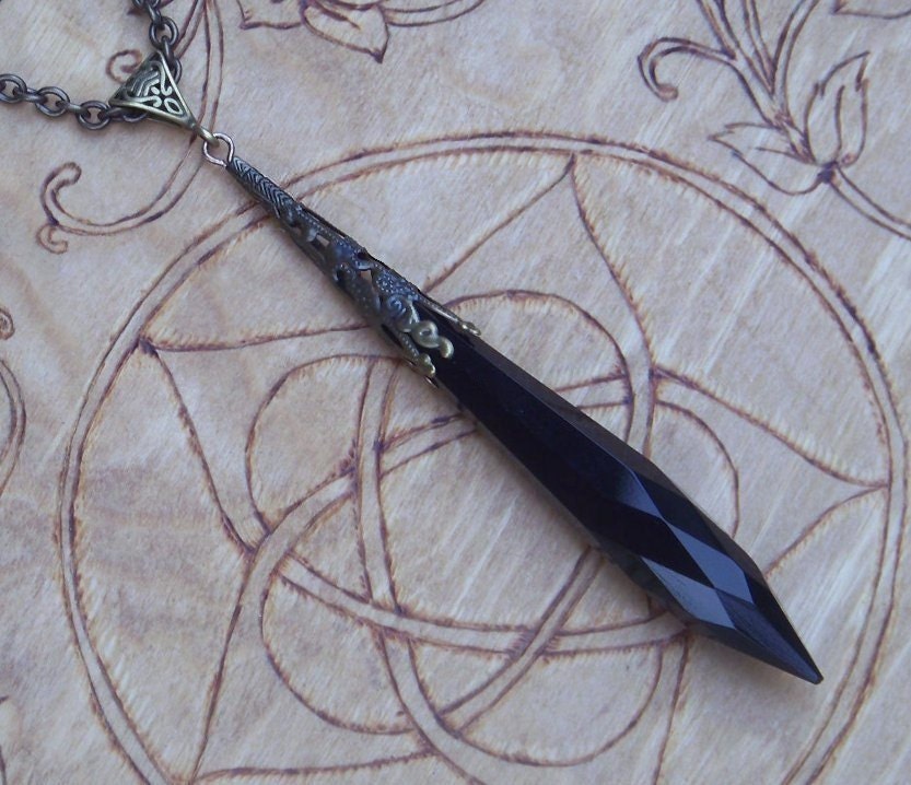 WITCHING HOUR Witch's Wand Divination Power Point Pendulum Necklace - Extra Long 3.75" Black Faceted Crystal, Bronze Filigree Cap, 30"