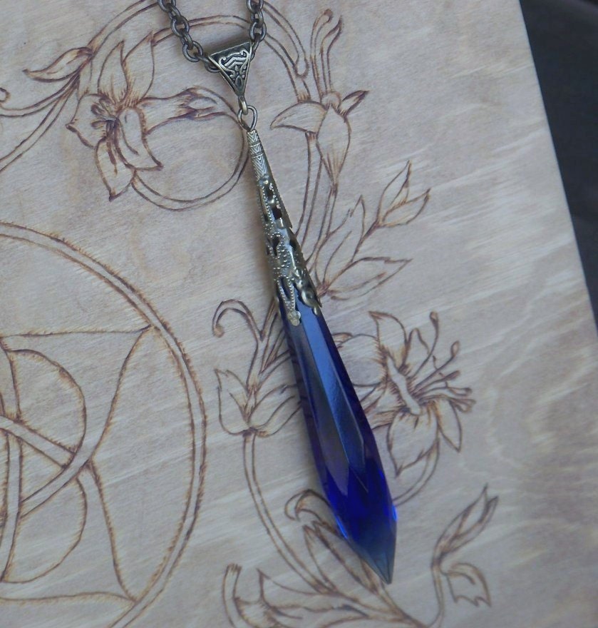 BLUE LAGOON Witch's Wand Divination Power Point Pendulum Necklace - Extra Long 3.75" Cobalt Blue Faceted Crystal, Bronze Filigree Cap, 30"