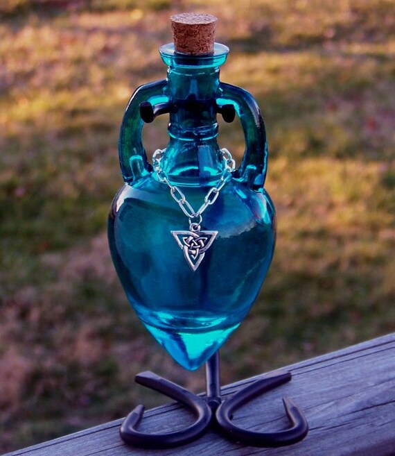 CELTIC WITCH Triquetra Priestess of Avalon Aqua Blue Amphora Magic Potion Bottle, Enchanting Corked Glass Vessel with Sturdy Metal Stand