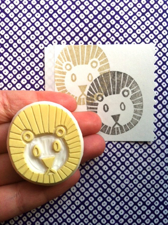 lion rubber stamp - hand carved rubber stamp - handmade rubber stamp - zoo animal stamp