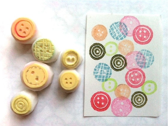 button rubber stamps. hand carve rubber stamp - hand carved stamps - sewing buttons stamps - set of 6 -  small - no1.