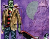 Electric Frank  Date Night 11x17 inches hot rod beatnik frankenstein takes his bride out for some old school hammer horrors signed