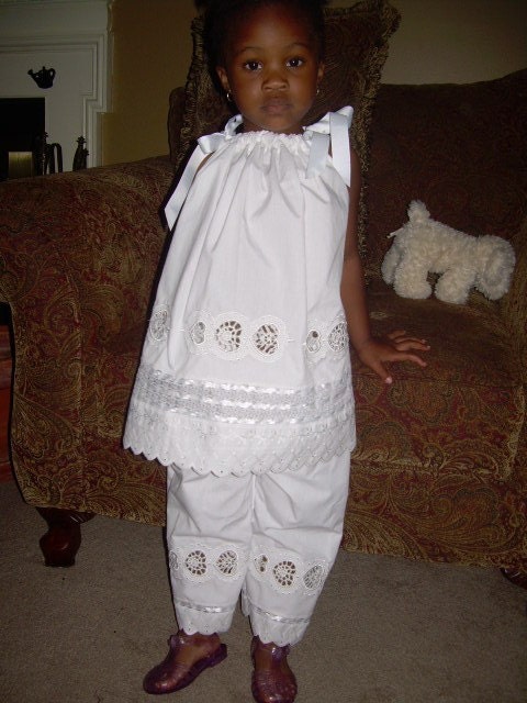Girls Pillowcase Dress Capri Pants Custom White Beach Portrait Heirloom with Embroidered Hearts Sizes 2t, 3t, 4t
