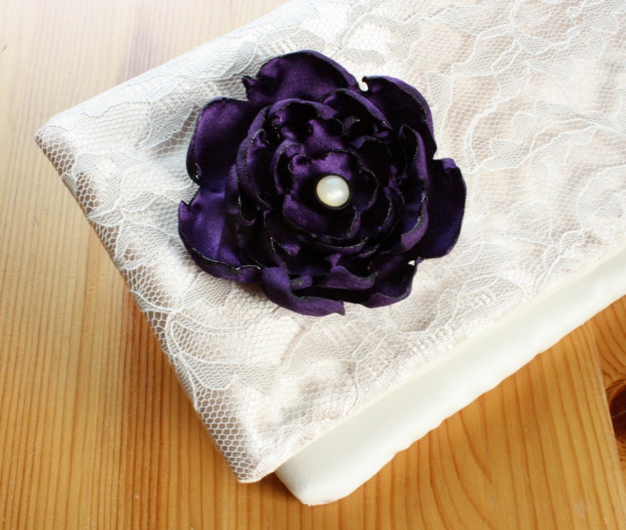 The LENA CLUTCH - Champagne and Ivory Lace Clutch - Wedding Clutch Purse with Dark Purple Fabric Flower - Design Your Own Bridal Collection