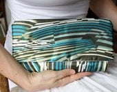 Striped Clutch Handbag Olive Green, Teal, Yellow and Brown Trendy Chic Clutch