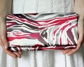 Clutch Purse - Watercolor Print in Raspberry Pink, Gray and White