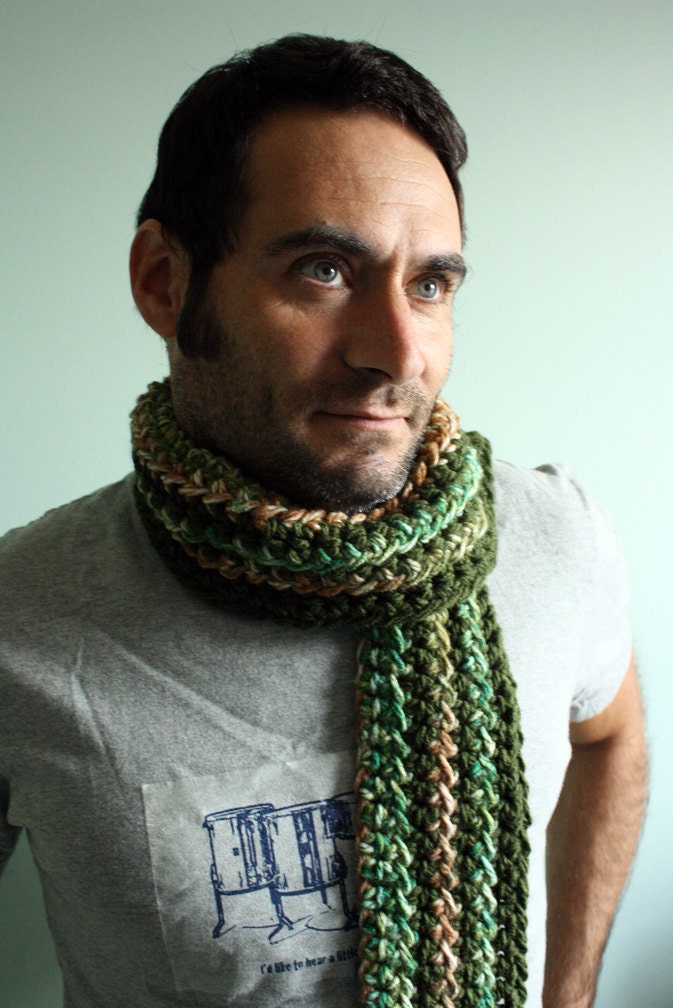 Crochet Striped Scarf Mens Scarf Dude Scarf Guy Scarf in Hunter Green and Brown READY to SHIP