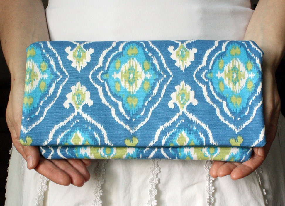Ikat Print Clutch Tribal Clutch Patterned Purse in Blues, Spring Green and White