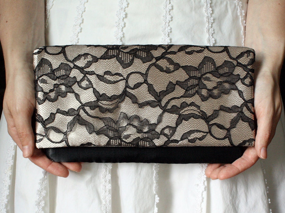 The LENA CLUTCH - Champagne and Black Lace Clutch - Wedding Clutch Purse