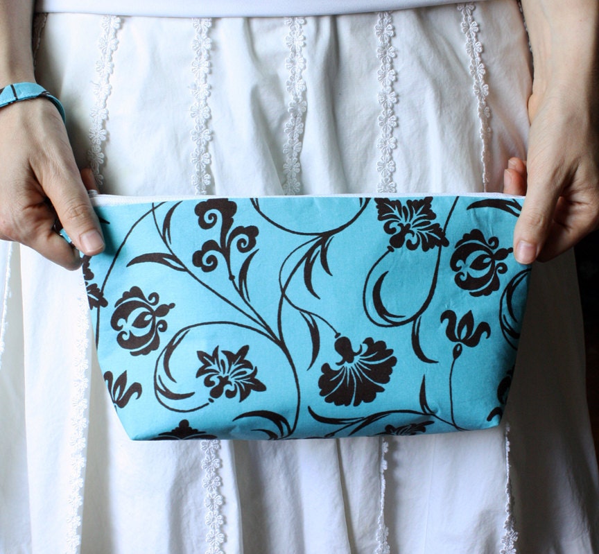 Wristlet Clutch Handbag Turquoise Blue Brown Floral detachable key fob