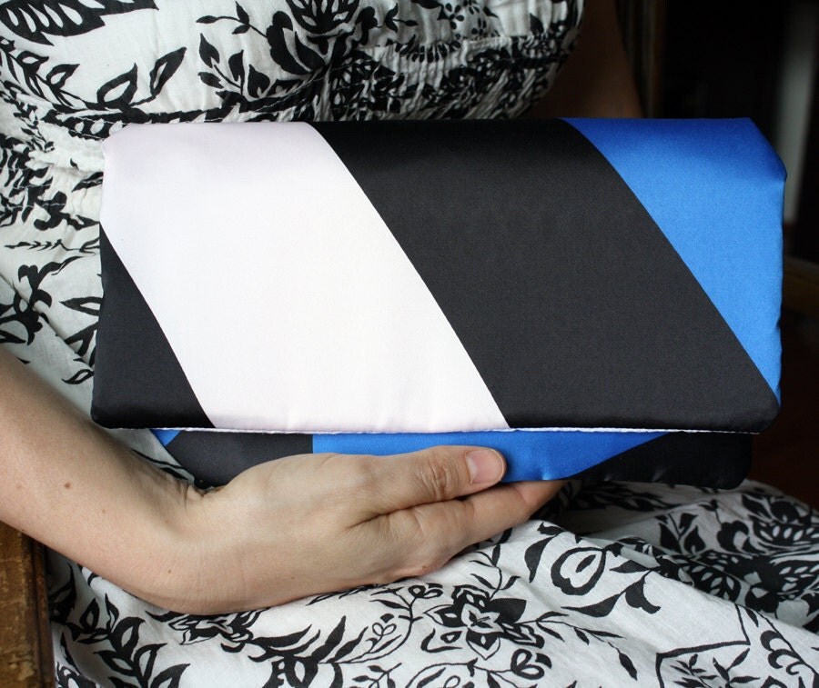 CLEARANCE SALE - 30% Off - Clutch Handbag in Blue, White and Black Color Block