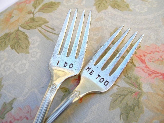 I Do Me Too Forks. Hand Stamped Vintage Wedding Fork Set - PrettyParis
