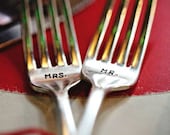 Mr and Mrs Vintage Wedding Forks. Hand Stamped Silver Plate Fork Set