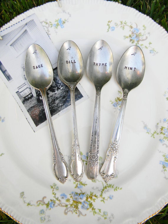 6 CUSTOM SPOONS Vintage Flatware Garden Plant Markers Hand Stamped.You choose wording.