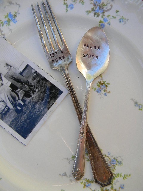 Lets Fork, Wanna Spoon. Vintage Flatware Stamped Spoon and Fork Set