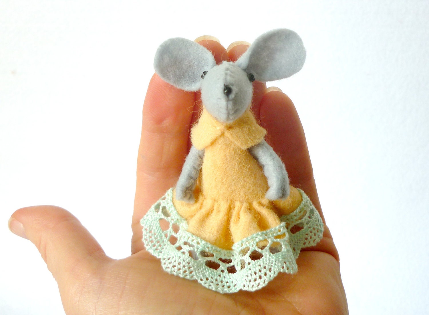 Peach and mint felt mouse miniature plush in matchbox bed