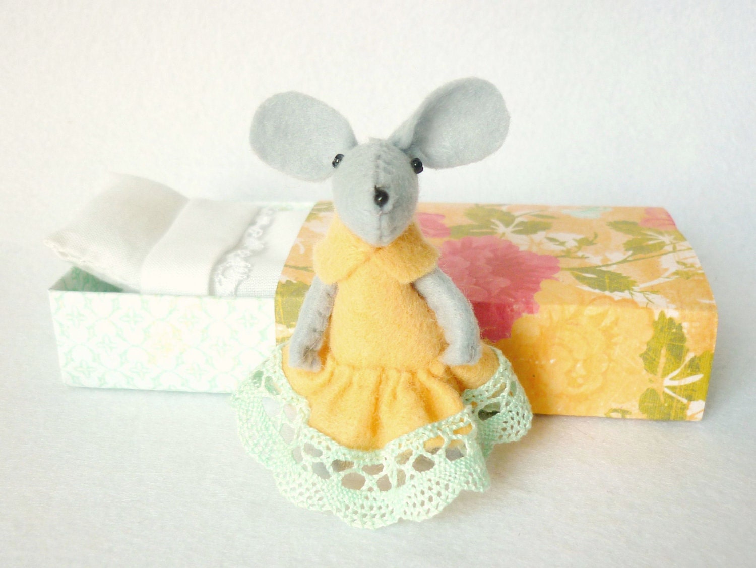 Peach and mint felt mouse miniature plush in matchbox bed