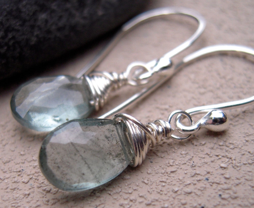 Moss Aquamarine, Argentium Silver, Wire Wrapped, Earrings