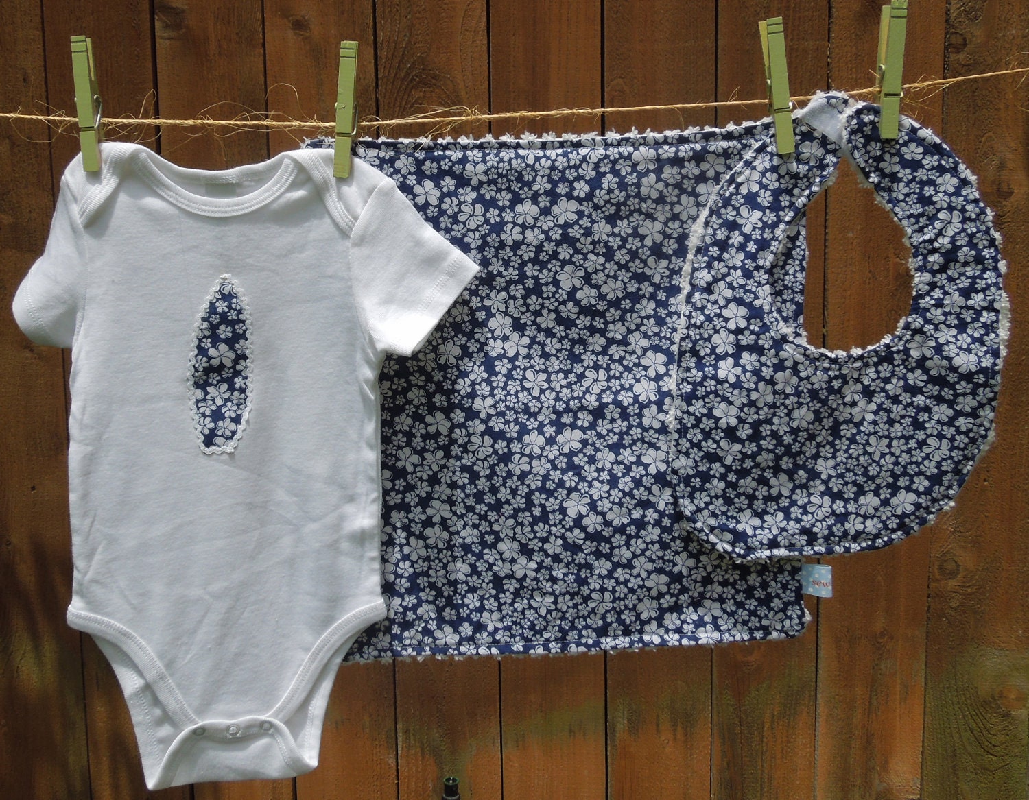 Surf's Up --- Blue Surfboard Baby Gift Set includes bib, burp cloth, onesie - available in size NB - 24months