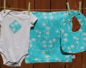 Make a Wish Dandelion --- Baby gift set includes onesie, burp cloth, bib - available in size Newborn - 24months