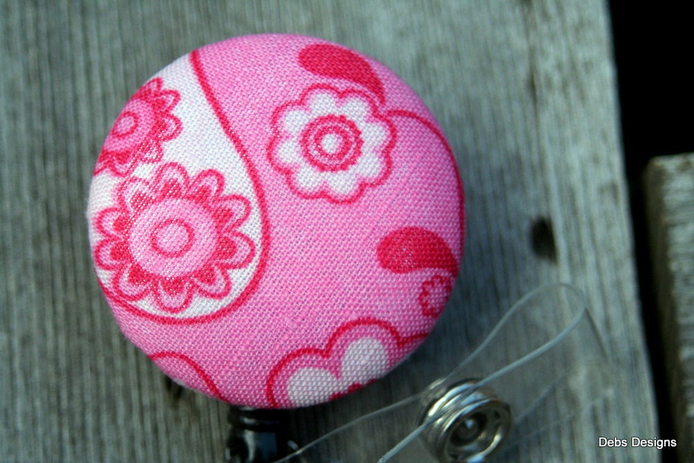 Name badge fabric covered badge pink paisley design             LARGE