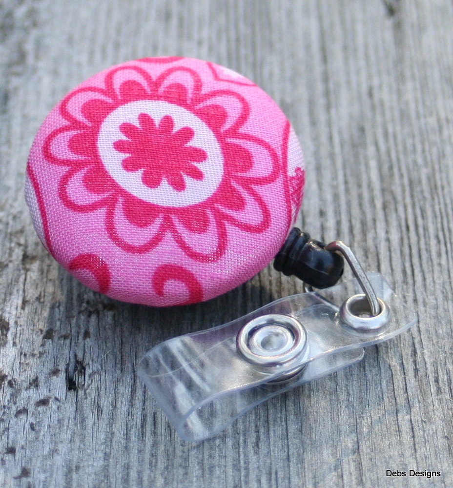 Name badge fabric covered badge reels pink and white   LARGE