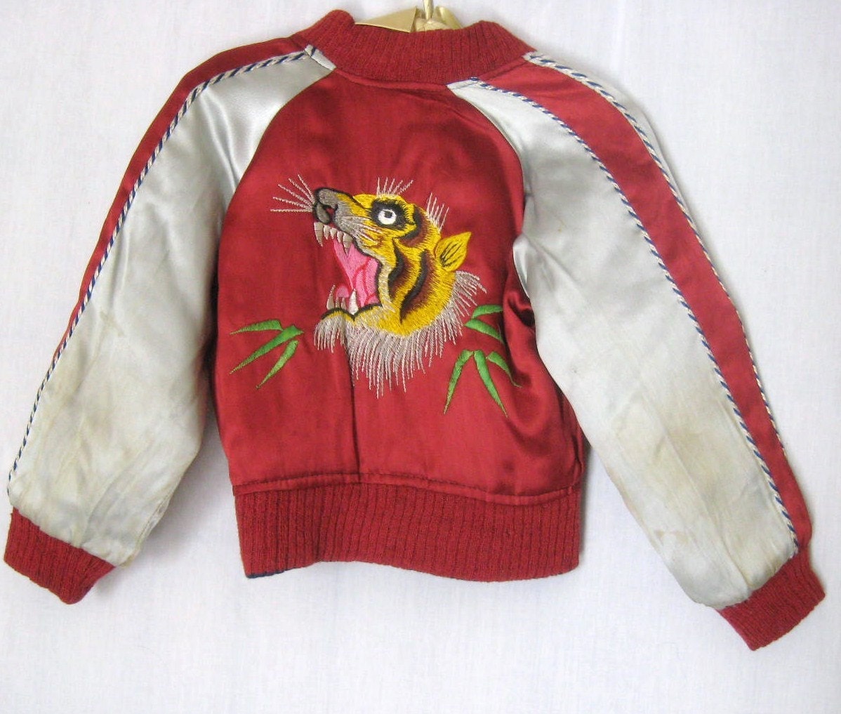 40s 50s  Vintage Souvenir Tour Jacket Reversible Tiger Eagle Embroidery Quilted Satin Baseball Style Japan Korea Child Sz